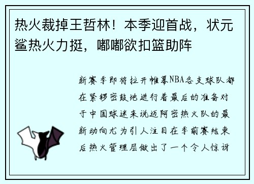 热火裁掉王哲林！本季迎首战，状元鲨热火力挺，嘟嘟欲扣篮助阵